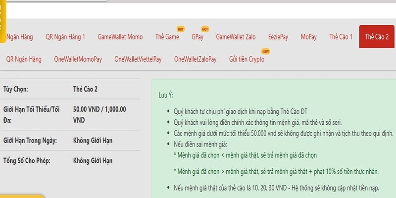 Người chơi cần nhập đúng hạn mức khi nạp tiền VN88